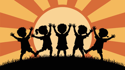 Happy childhood moments depicted in silhouette as children play on a grassy hill against a warm sunset