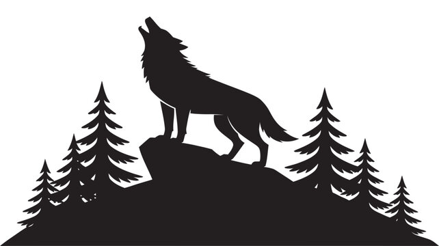 A silhouette vector illustration of a wild wolf howling at the moon on top of a rocky hill