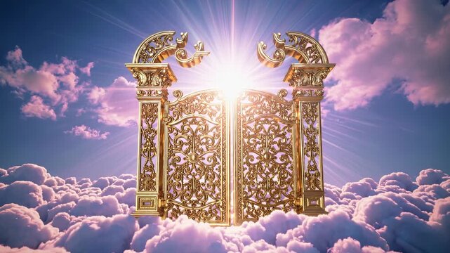 Golden gates open in clouds, revealing bright light. Ethereal atmosphere creates sense of wonder and tranquility. Mystical scene at sunset inspires introspection and creativity.
