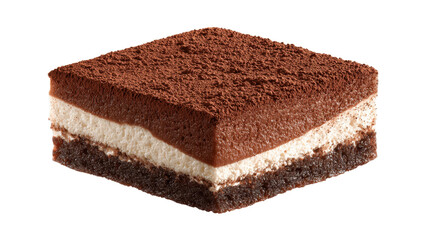 Tiramisu square presenting decadent layers of coffee soaked sponge, creamy mascarpone filling, and a generous topping of cocoa powder, perfect for confectionery menus and sweet indulgence