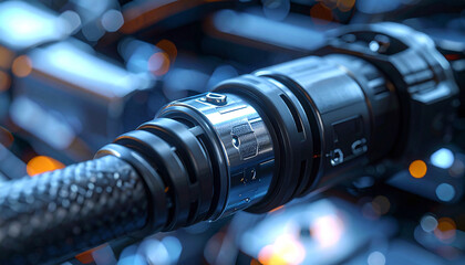 Technology Connection: A close-up shot of a sophisticated cable connection, showcasing intricate details. conveying advanced technology.