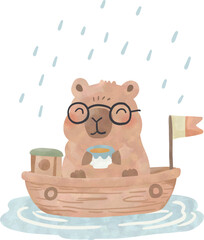 Cute Capybara Sailing Wooden Boat on Rainy Day