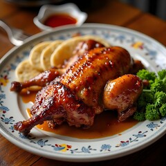 A plate of crispy Peking duck, with thin pancakes and hoisin sauce.
