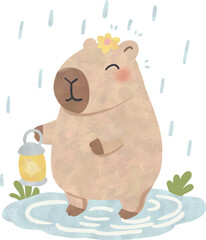 Cute Capybara Holding Lantern on Rainy Day Watercolor Illustration