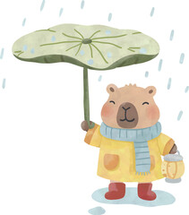 Cute Capybara in Yellow Raincoat on Rainy Day