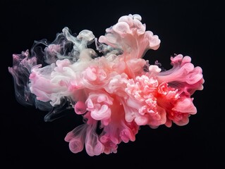 Colorful pink smoke on a black background. Like paint mixing in water, or a foggy sea.
