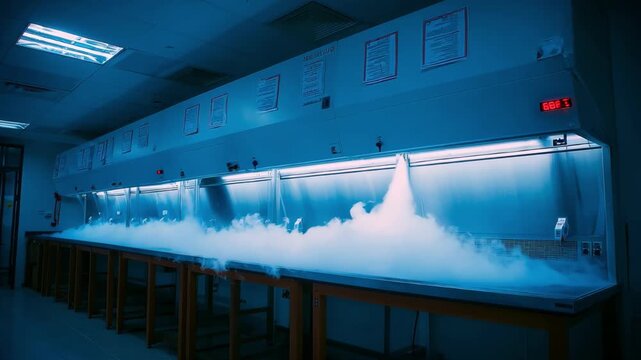 Medium shot of a fume hood with localized ventilation capturing harmful airborne particles directly at the source in a laboratory setting