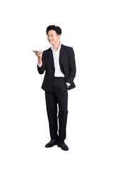 Modern Communicator: A young, confident professional, poised in a sharp suit, engages in a digital interaction. Holding a sleek device.