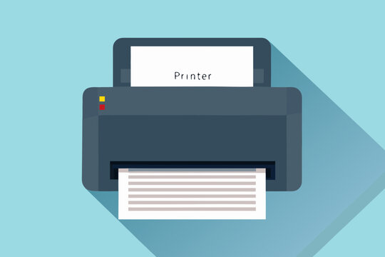 A simple flat design illustration of a dark blue printer with paper