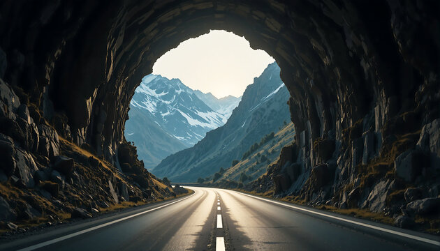 Scenic mountain road through tunnel with snow-capped peaks in the background, ideal for travel and adventure concepts