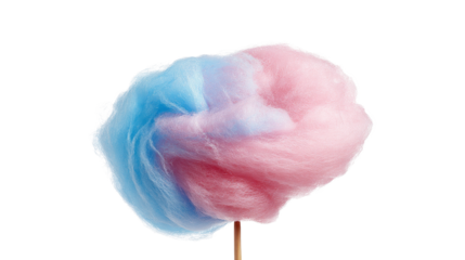 Cotton candy featuring a swirling blend of pink and blue sugar floss on a stick, presenting a classic sweet snack, confection, and sugary treat ideal for fairs