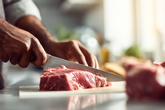 A man is cutting a piece of meat with a knife. The knife is sharp and the meat is large. The scene is set in a kitchen with a countertop and a sink - Powered by Adobe