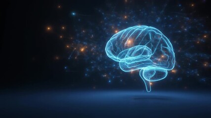 Photorealistic glowing 3D brain hologram with neural network lines and data nodes floating in dark technology environment - Powered by Adobe