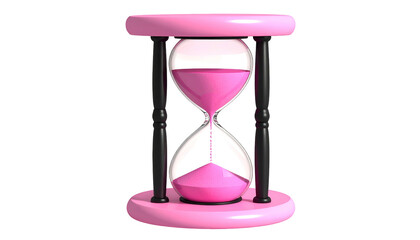 Pink hourglass with black accents and sand, isolated against a dark background