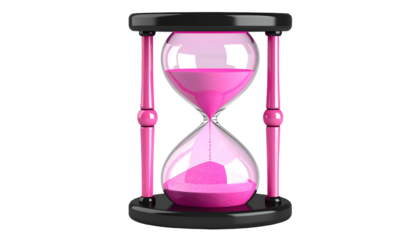 A 3D rendered hourglass with pink sand flowing through a black and pink frame