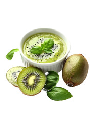 Fresh Kiwi Fruit and Green Smoothie in a White Bowl with Basil healthy isolated on a transparent background