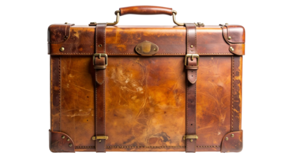 Close-up of a vintage leather suitcase, aged and worn, with straps and handle