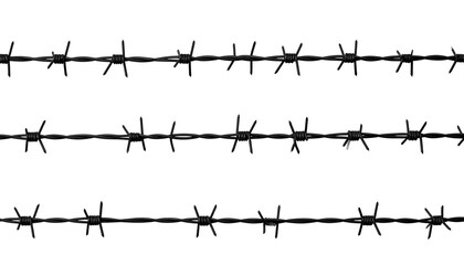 Three parallel strands of dark, sharp, metallic barbed wire against a stark, black background