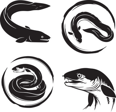 Eel Silhouette Vector Set, Black and White Sea Life Logo Icons