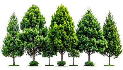 A row of evergreen trees with varying shades of green, set against a transparent background