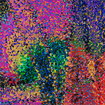 Pointillistic abstract background with red, orange, yellow and blue neon paint spots. Hand-drawn illustration, Psychedelic drawing