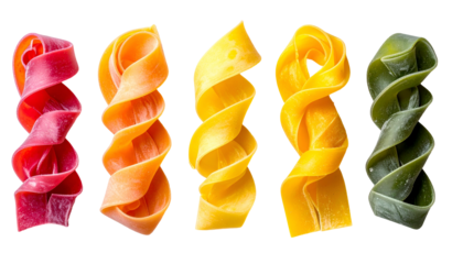 Five colorful ribbons of pasta stand upright against a black background