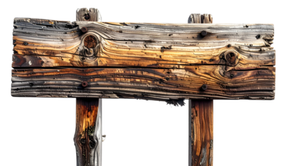 Weathered wooden sign with visible grain and knots, supported by two posts, isolated