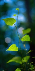 Brightly lit, fresh green leaves on a vine.