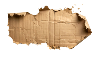 Torn, textured cardboard fragment against black. Edges frayed, surfaces creased, brown color