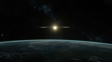 A planet with a ring system and a bright star in the sky.