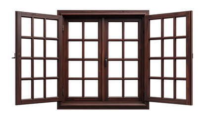 A wooden window with many panes, two wings open, on a dark background