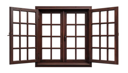 A wooden window with many panes, two wings open, on a dark background