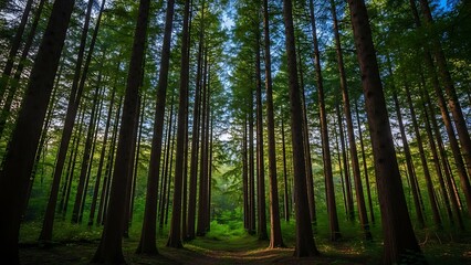 Lush Forest Trail with Tall Pine Trees and Sunlight