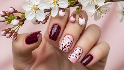 Elegant Spring Nail Art with Cherry Blossoms: Delicate Floral Designs on Soft Pink & Deep Red Glossy Finish for Women