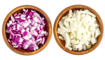 Two wooden bowls side-by-side filled with chopped red and white onions