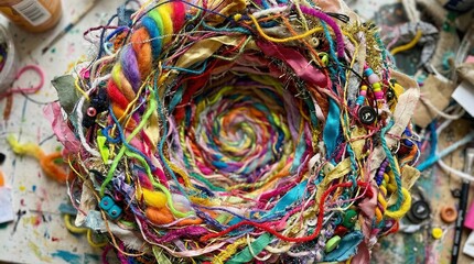 Colorful yarn and threads arranged in spiral pattern on table  