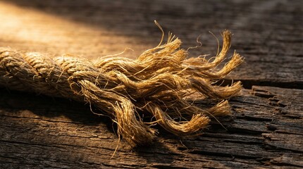 Close-up of frayed jute rope on rustic wooden surface  
