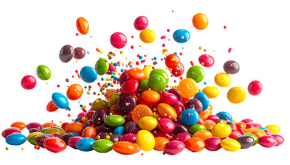 Fototapeta premium Colorful candy, a mix of small, round, and flat pieces, exploding onto a pile