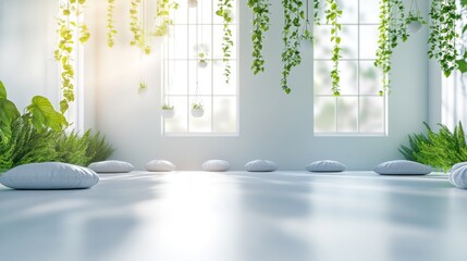 Light-filled interior space with hanging plants and cushions.