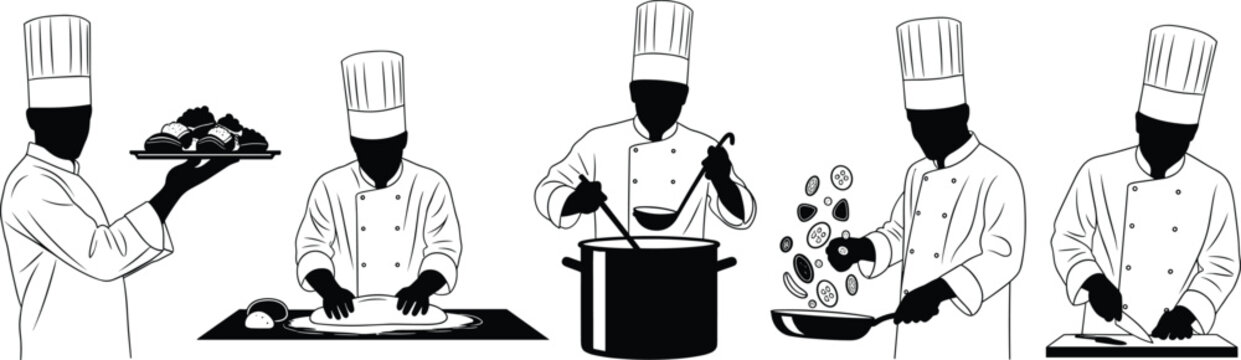 Professional chef silhouettes set showing restaurant kitchen staff cooking preparing food and serving meals isolated on white background vector