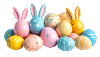 A colorful arrangement of decorated Easter eggs, some with bunny ears, against black background