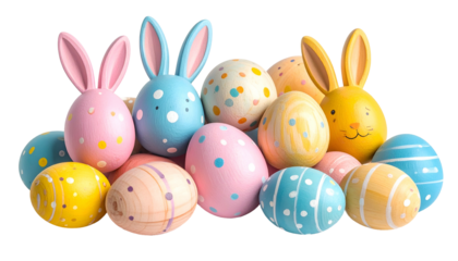 A colorful arrangement of decorated Easter eggs, some with bunny ears, against black background