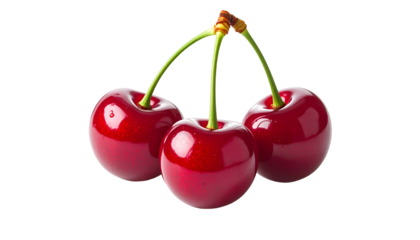 Three ripe, glistening red cherries with green stems against a solid black background