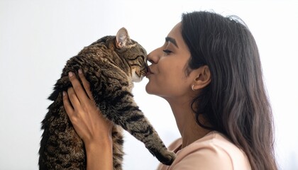 ネコとキスをする女性の横顔の写真