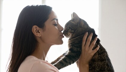 ネコとキスをする女性の横顔の写真