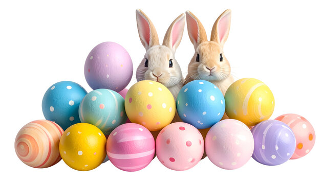 Two bunnies with pastel decorated eggs on a black background, a festive Easter scene - Powered by Adobe