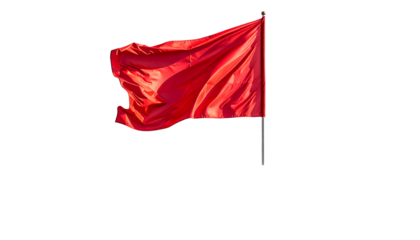 A vibrant red flag, billowing in the wind, against a black background