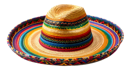 A colorful, wide-brimmed hat with a woven crown, showcasing bright stripes and patterns