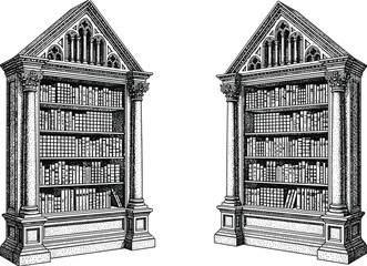 Antique gothic bookcase vector illustration featuring classical architecture with columns and pointed arches cad drawing flat vector illustration © Mohsana