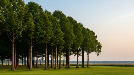 Obraz premium Lush Green Trees Aligned in Park Near Tranquil Water Body